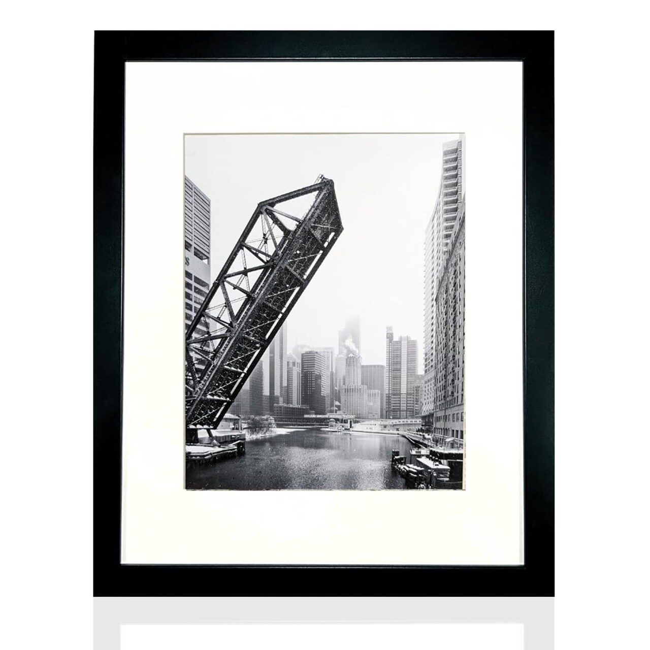 iFrame 18” x 22” Black Framed Chicago City Draw Bridge Framed Art Work For Wall Decor With Photo Mat | Chi Town Skyline Wall Art | Black And White Picture Wall Art Decor